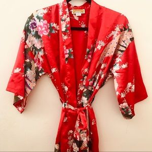 Red Silk Collection floral peacock design robe